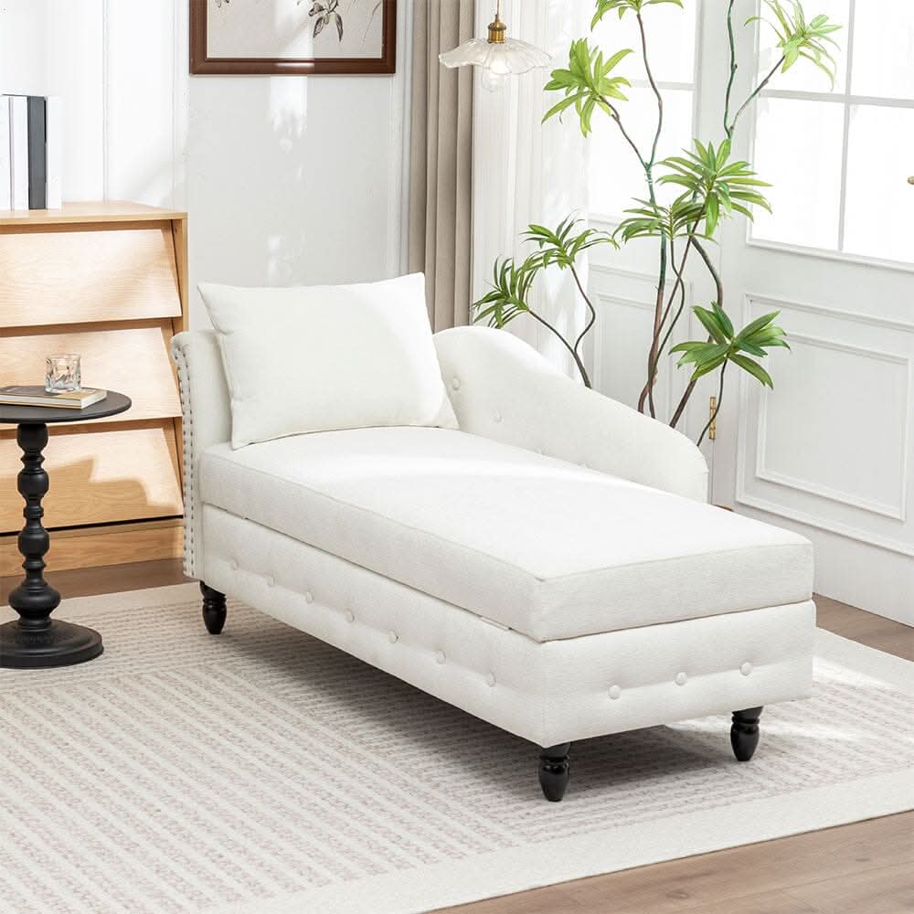 Storage Chaise Lounge White Chenille with Cushion Black Rubber Wood Legs