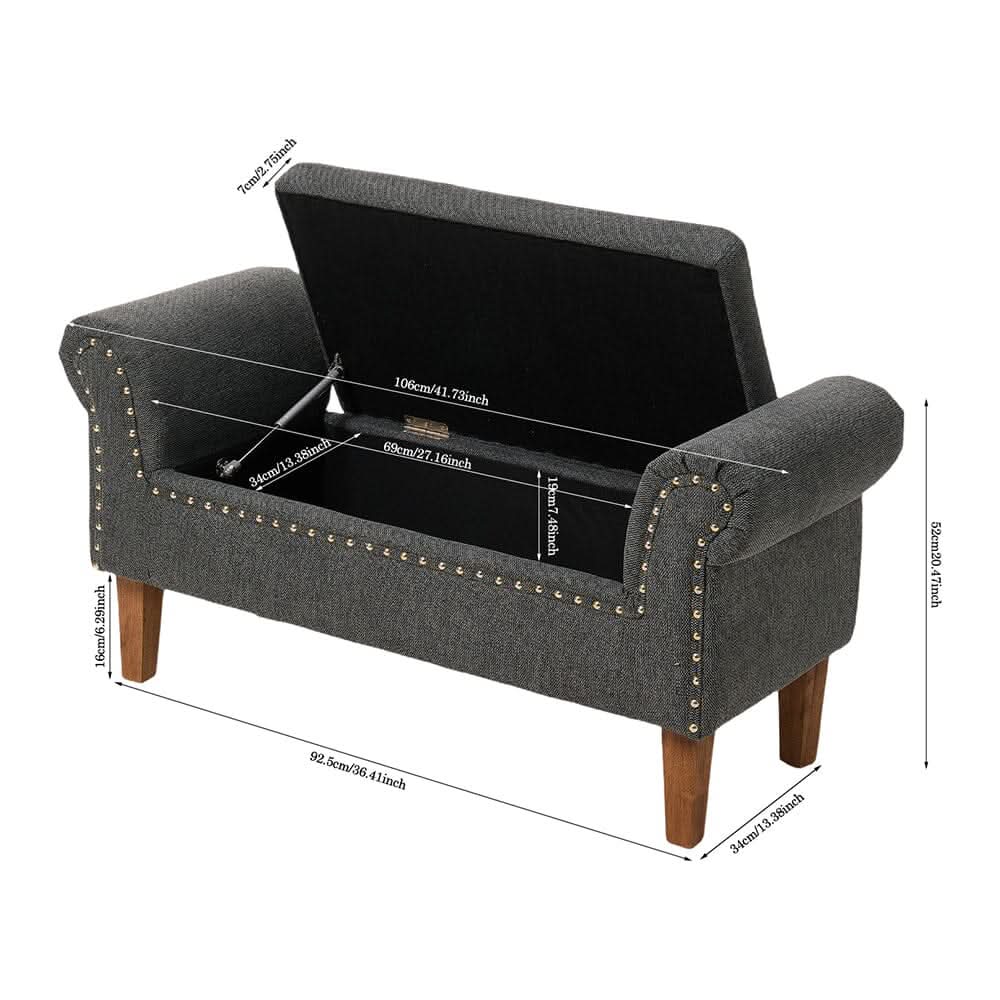 Grey Linen Storage Bench with Tufted Top, Walnut Legs &amp; Gold Studs