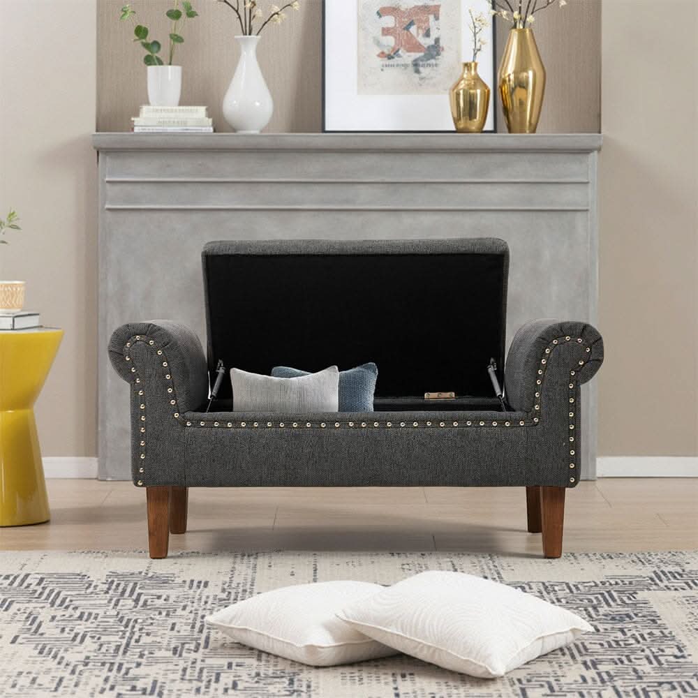 Grey Linen Storage Bench with Tufted Top, Walnut Legs &amp; Gold Studs