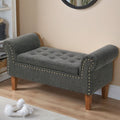 Grey Linen Storage Bench with Tufted Top, Walnut Legs &amp; Gold Studs