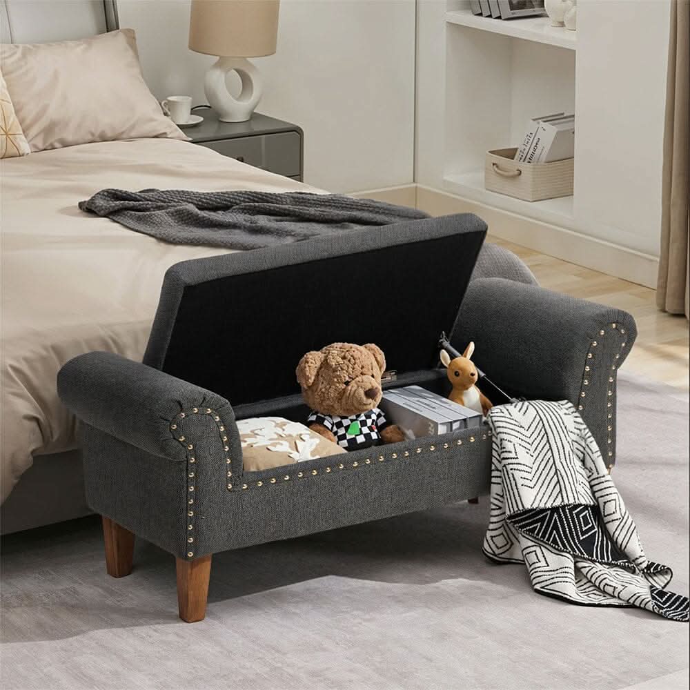 Grey Linen Storage Bench with Tufted Top, Walnut Legs &amp; Gold Studs