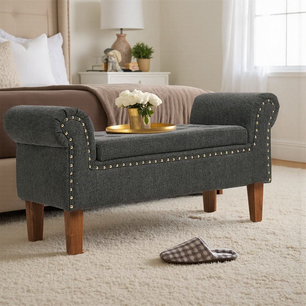 Grey Linen Storage Bench with Tufted Top, Walnut Legs &amp; Gold Studs