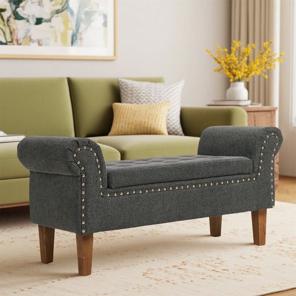 Grey Linen Storage Bench with Tufted Top, Walnut Legs &amp; Gold Studs