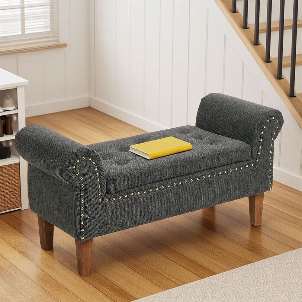 Grey Linen Storage Bench with Tufted Top, Walnut Legs &amp; Gold Studs