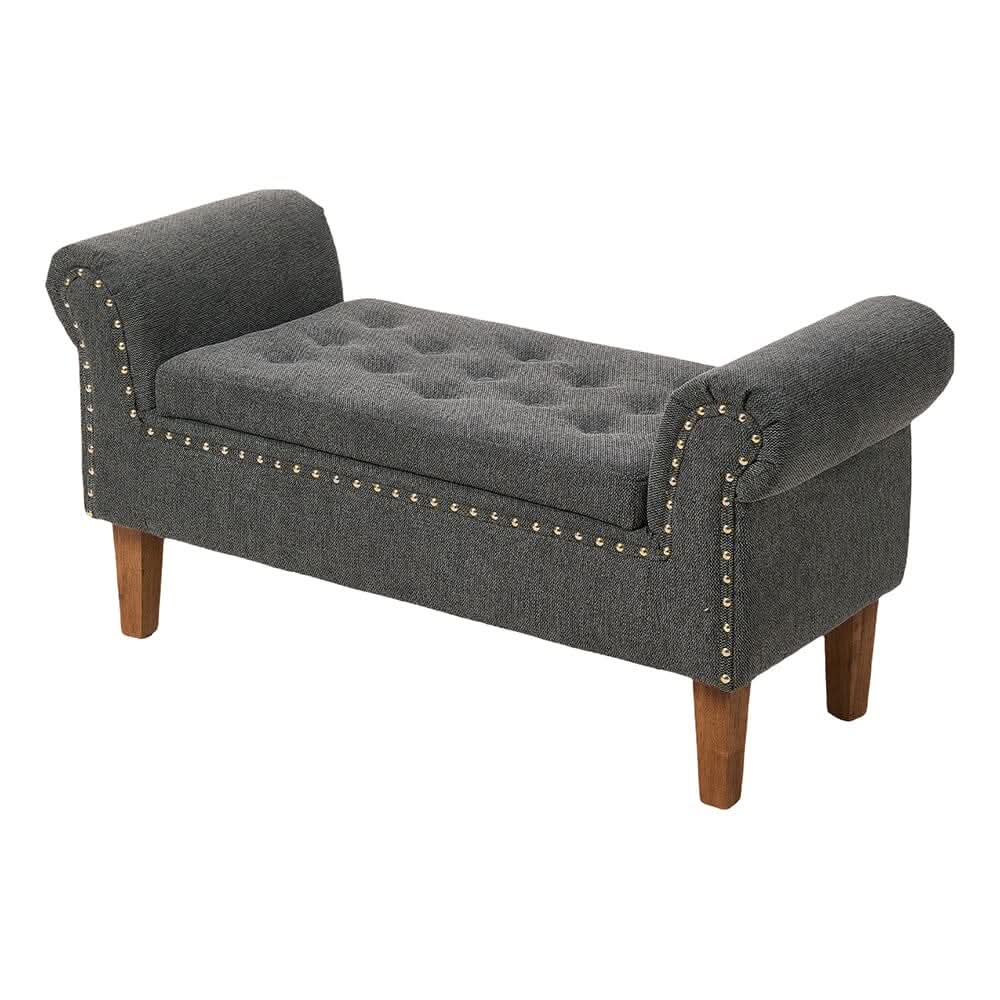 Grey Linen Storage Bench with Tufted Top, Walnut Legs &amp; Gold Studs