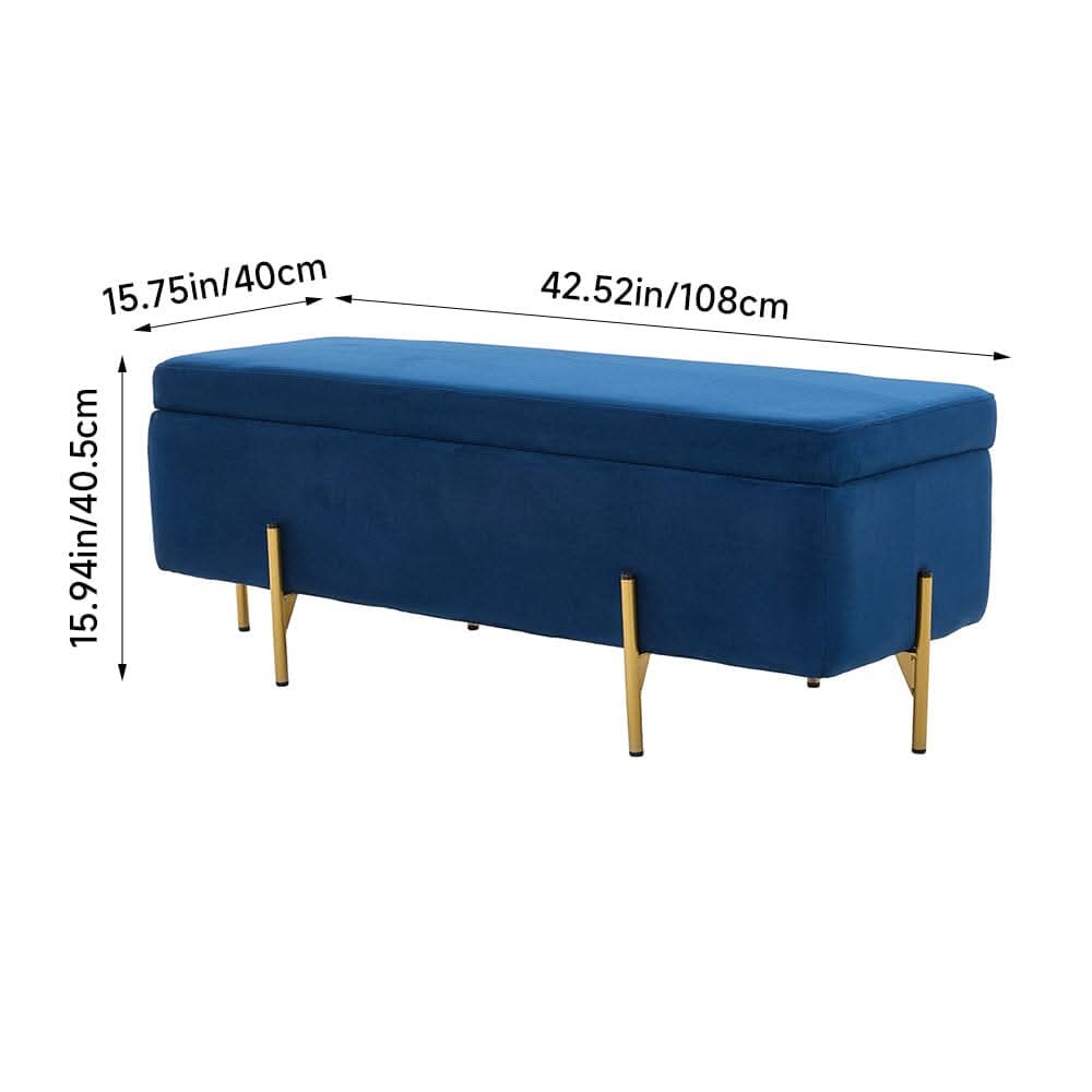 Royal Blue Velvet Storage Bench with Gold Metal Legs
