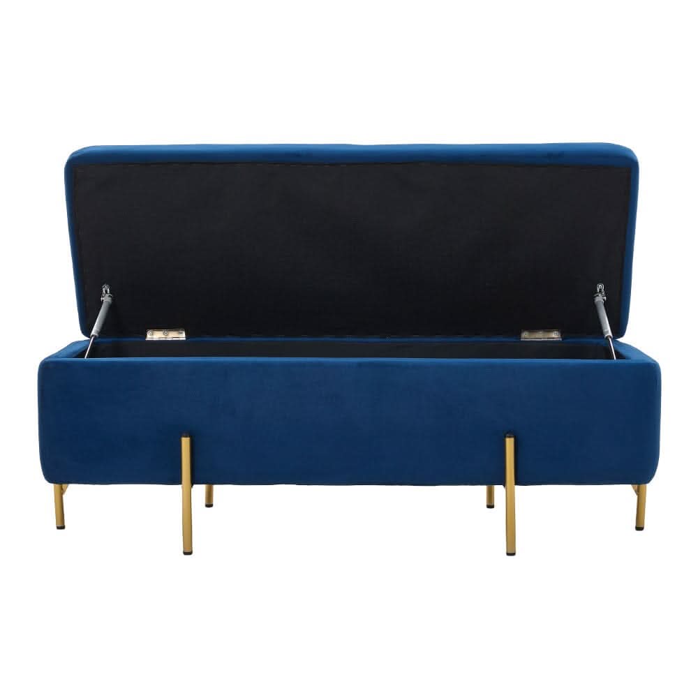Royal Blue Velvet Storage Bench with Gold Metal Legs