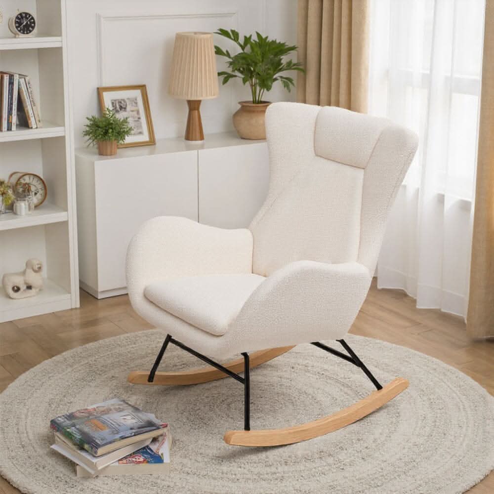 Modern Teddy Fabric Rocking Chair with Wooden Legs
