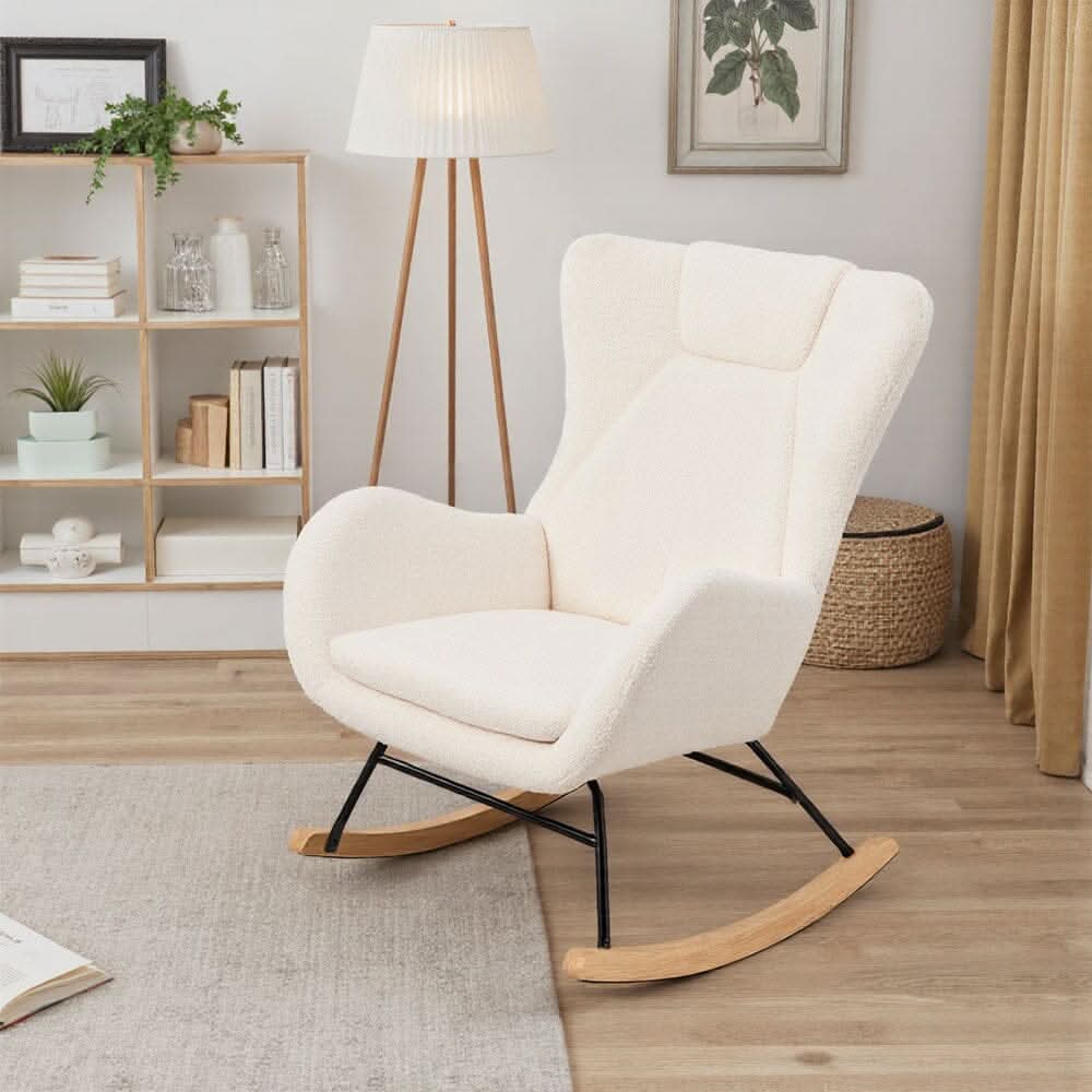 Modern Teddy Fabric Rocking Chair with Wooden Legs