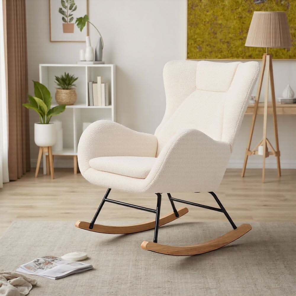 Modern Teddy Fabric Rocking Chair with Wooden Legs