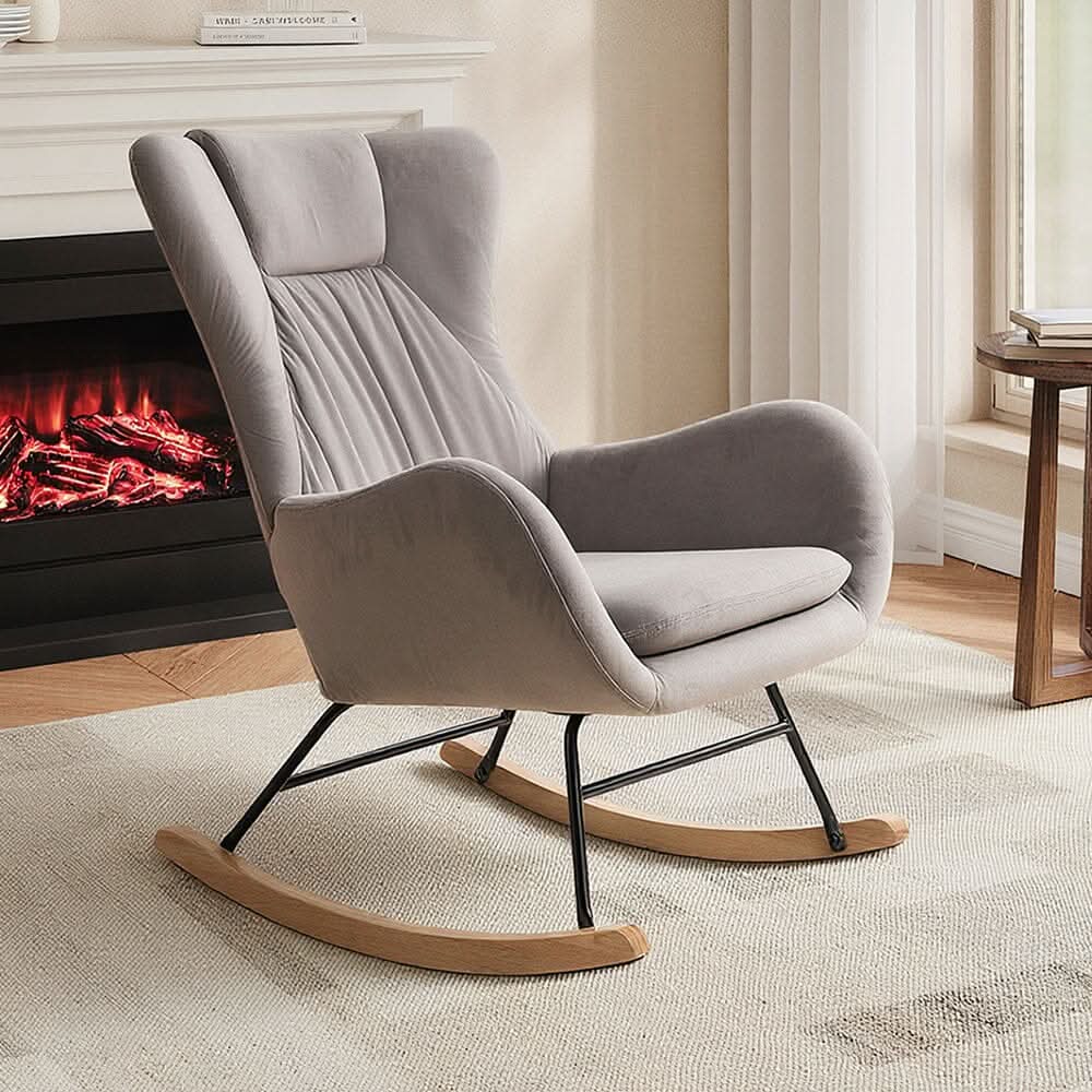 Modern Teddy Fabric Rocking Chair with Wooden Legs