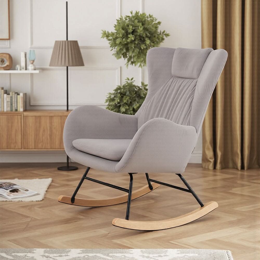 Modern Teddy Fabric Rocking Chair with Wooden Legs