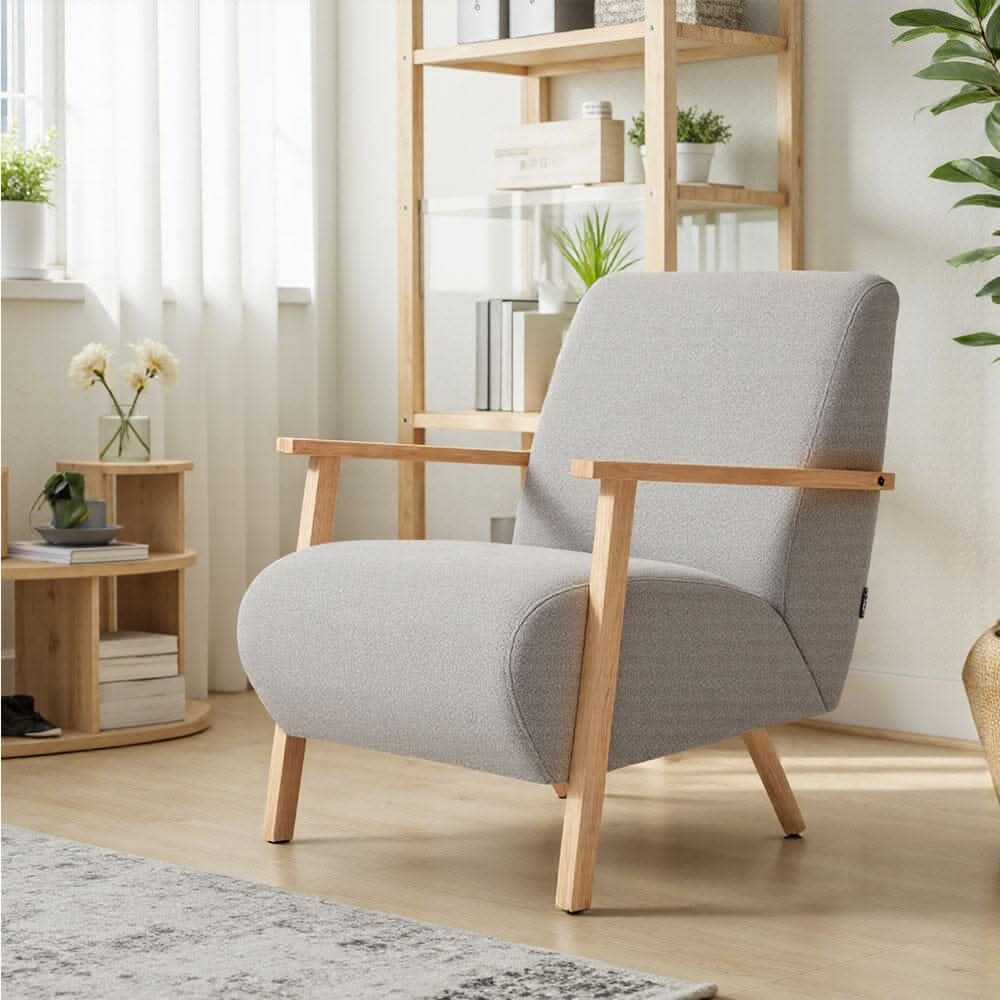 Scandinavian Accent Chair Chenille Fabric with Wooden Armrests