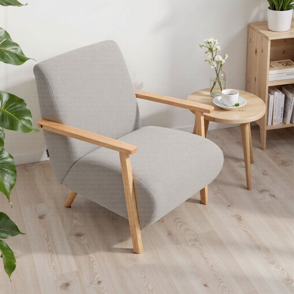 Scandinavian Accent Chair Chenille Fabric with Wooden Armrests