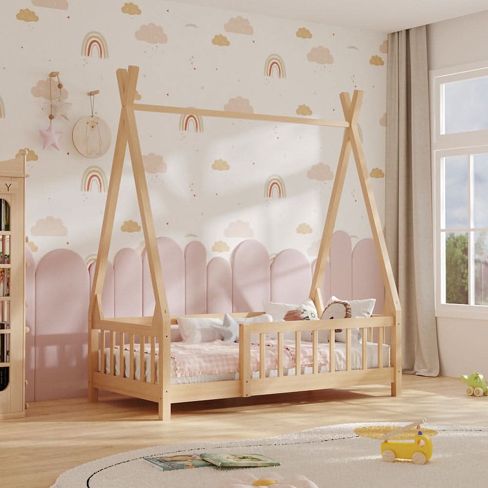 Wood House Bed Frame Low Platform Kids Bed with Safety Fence