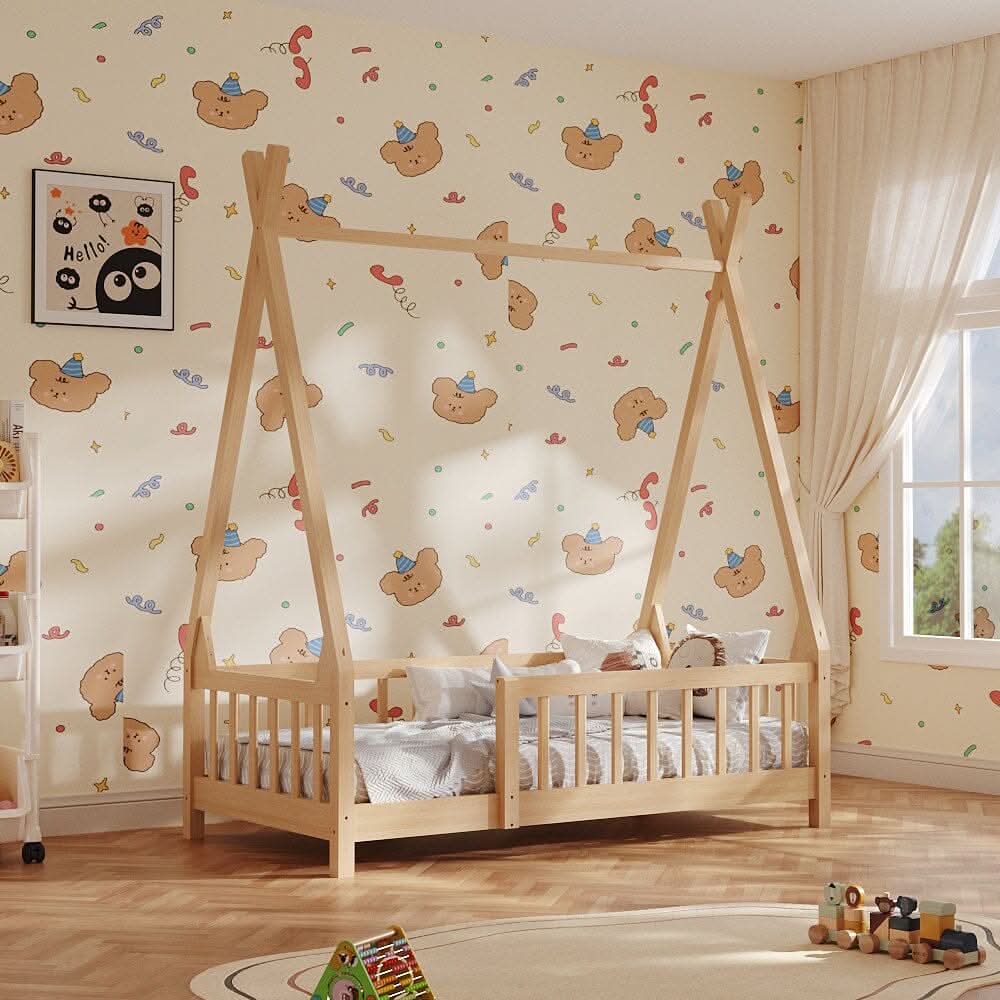 Wood House Bed Frame Low Platform Kids Bed with Safety Fence