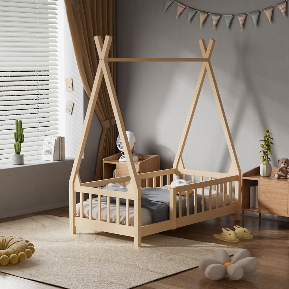Wood House Bed Frame Low Platform Kids Bed with Safety Fence