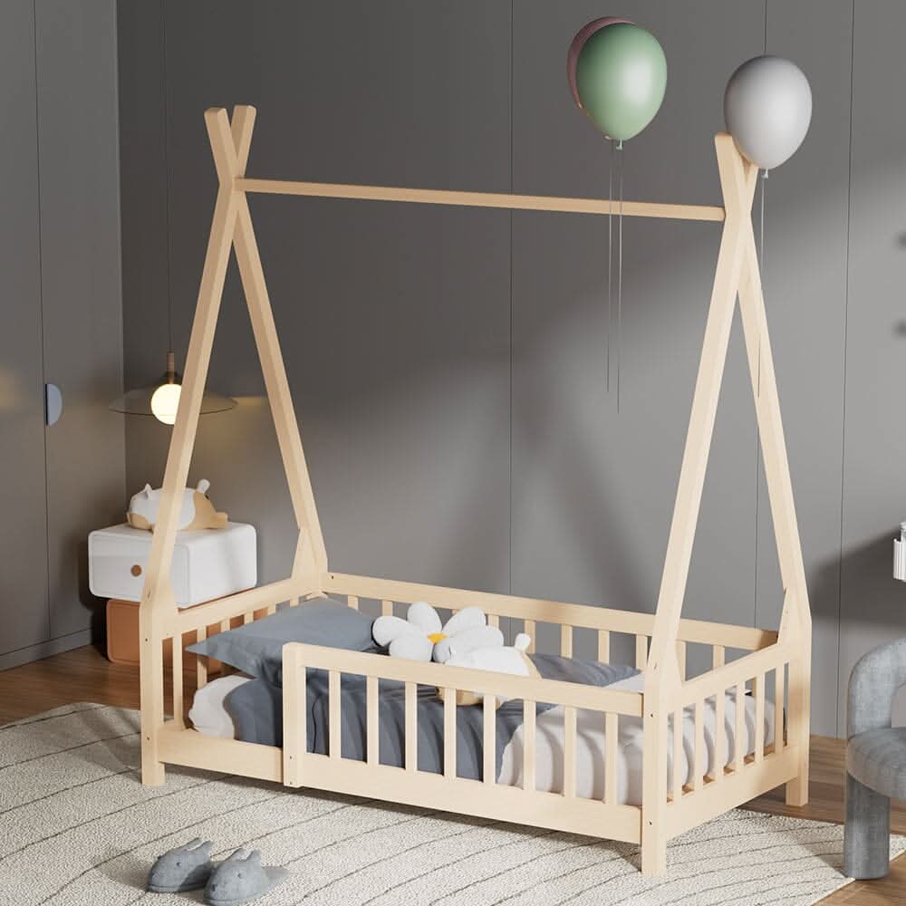 Wood House Bed Frame Low Platform Kids Bed with Safety Fence