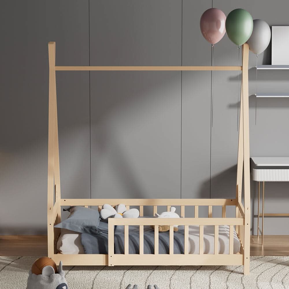 Wood House Bed Frame Low Platform Kids Bed with Safety Fence