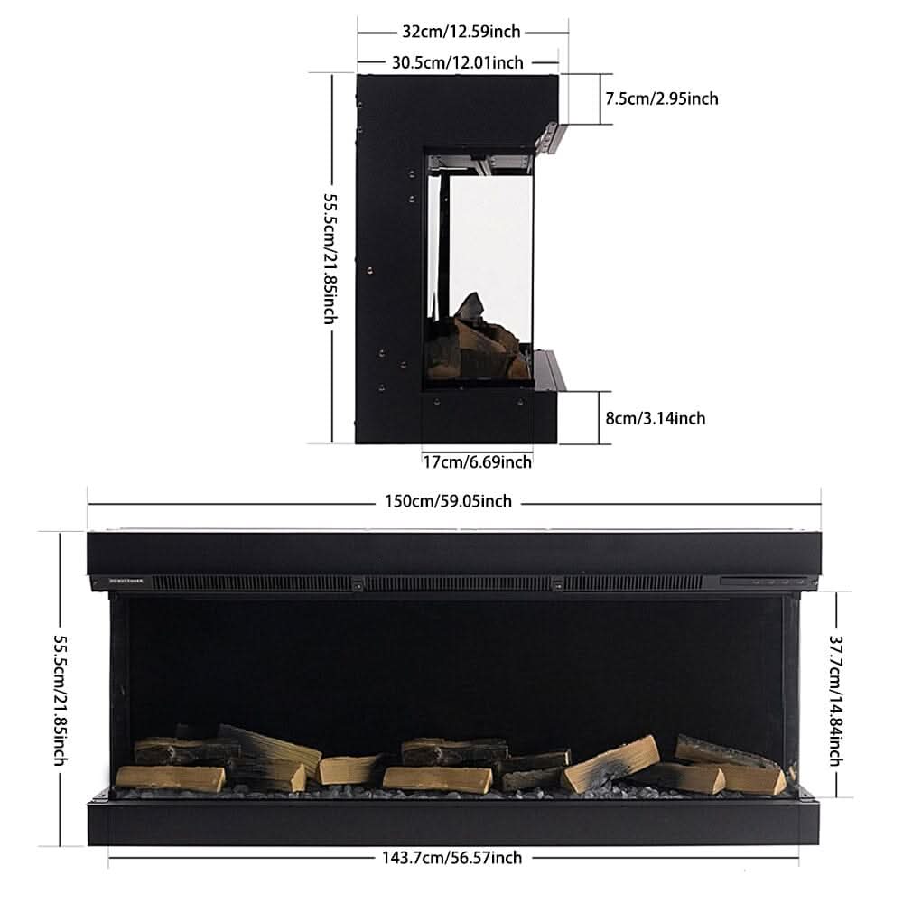 40/50/60/70-Inch 3-Sided Freestanding Electric Fireplace 12 Flame Colours and 5 Brightness Modes
