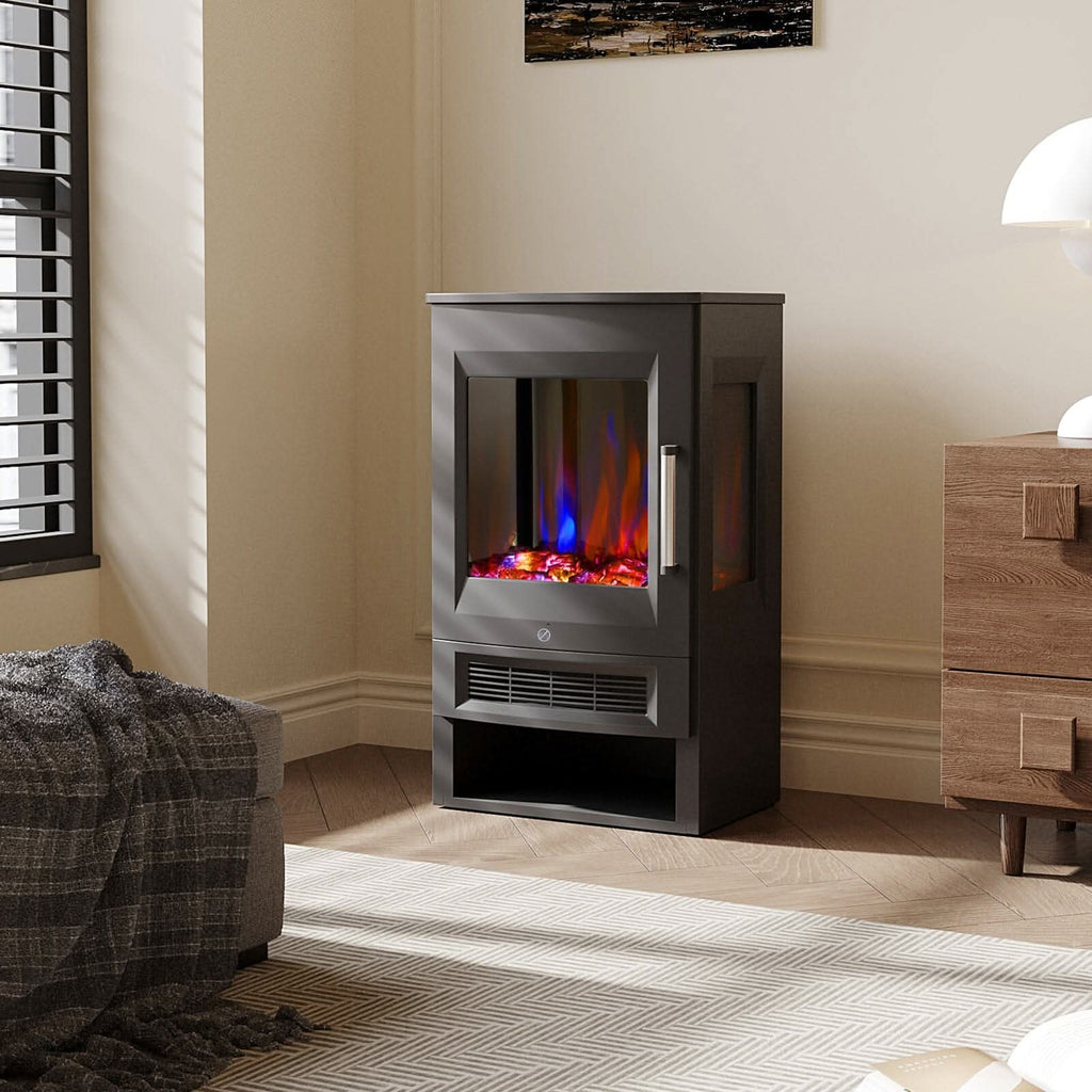 3-Sided Freestanding Electric Fireplace with Remote Control – Black, 900/1800W, Adjustable LED Flame & Temperature