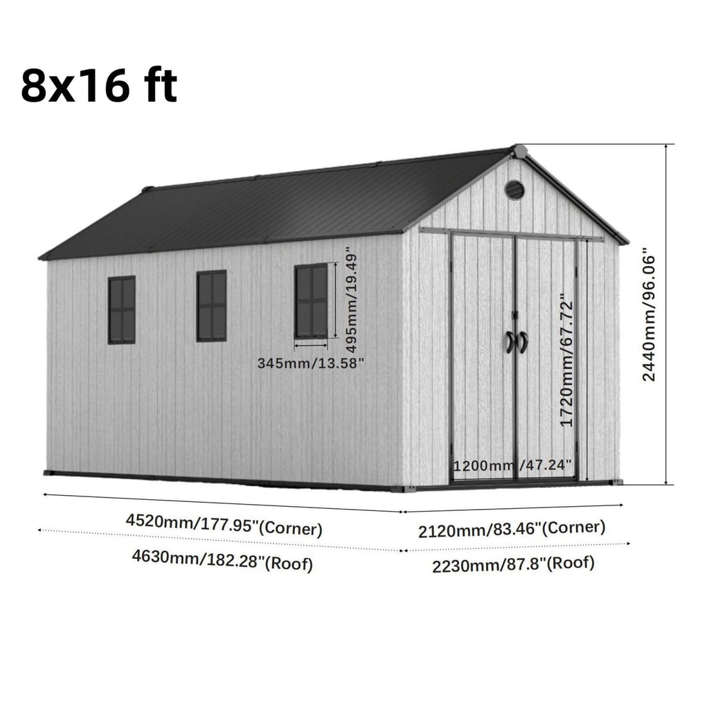 6'x8'ft/8'x8'ft/8'x12'ft/8'x16'ft Gray Wood Grain Plastic Tool Shed