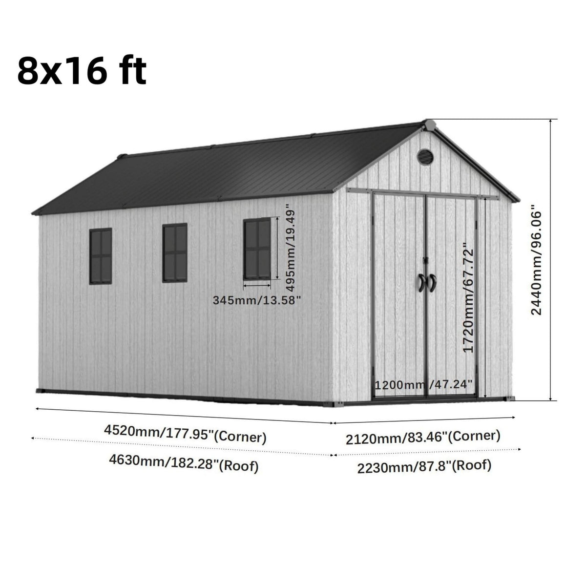 6'x8'ft/8'x8'ft/8'x12'ft/8'x16'ft Gray Wood Grain Plastic Tool Shed