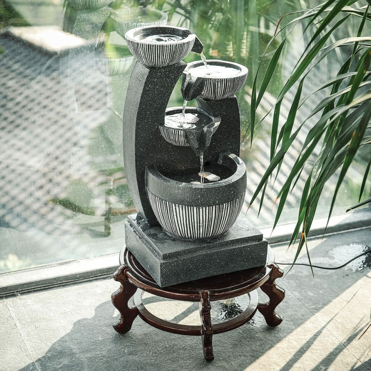 Cascading Bowls Garden Water Feature Fountain 4-Tier Fountain LED Fountain