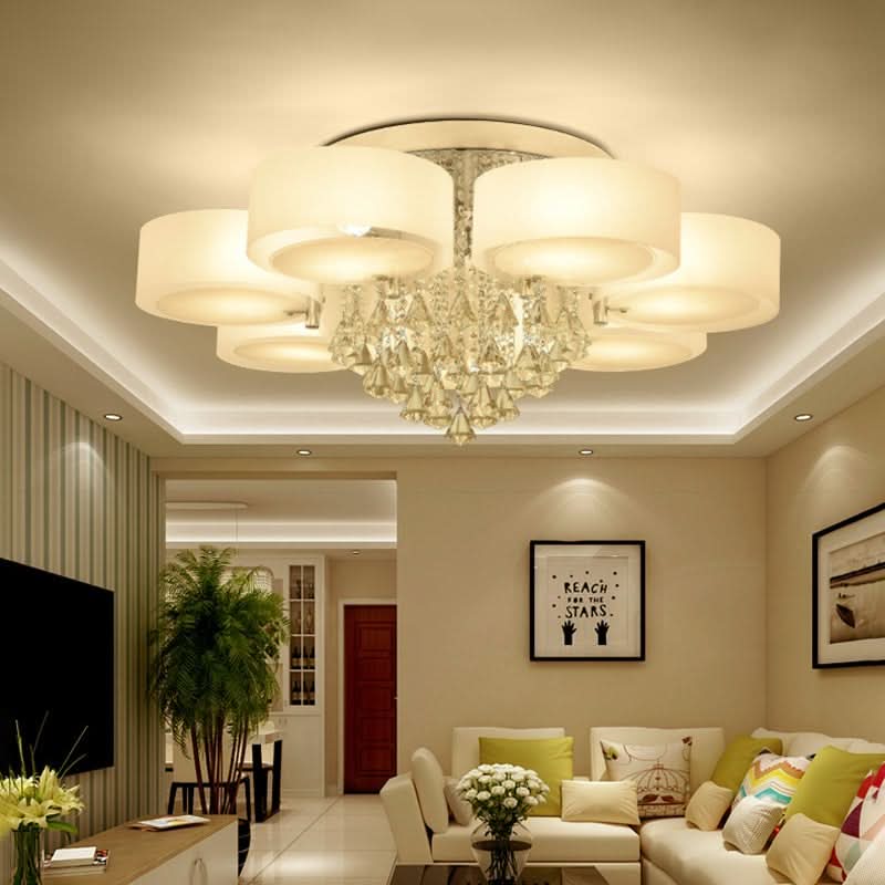 Ceiling Light Semi-Flush Mount, Cylindrical Acrylic Lampshades, Crystal Drops