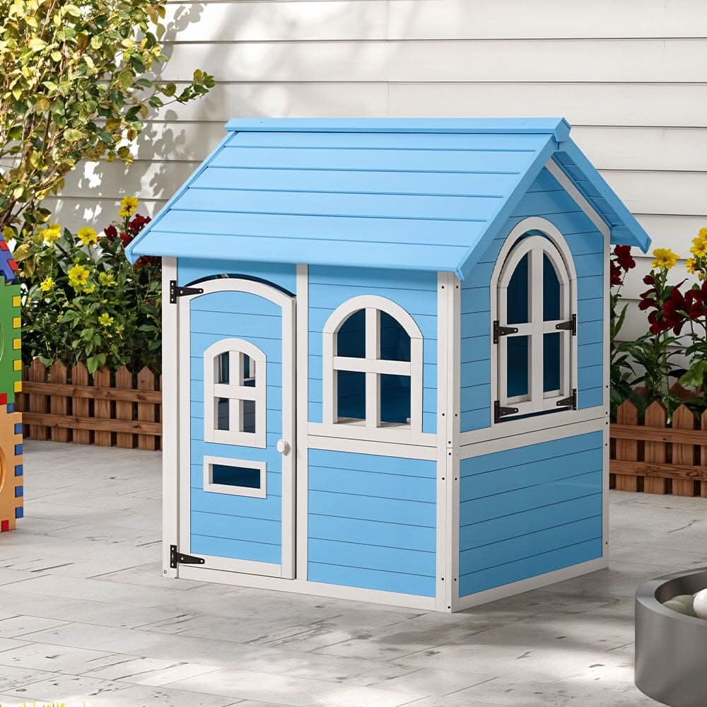 Blue Wooden Playhouse for Kids with Doors & Windows – Polished Fir Wood, Easy Assembly