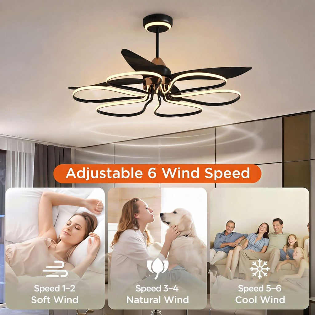 Lightsin 36-inch Black Modern Petal LED Ceiling Fan with Light - 6-Speed with Remote Control
