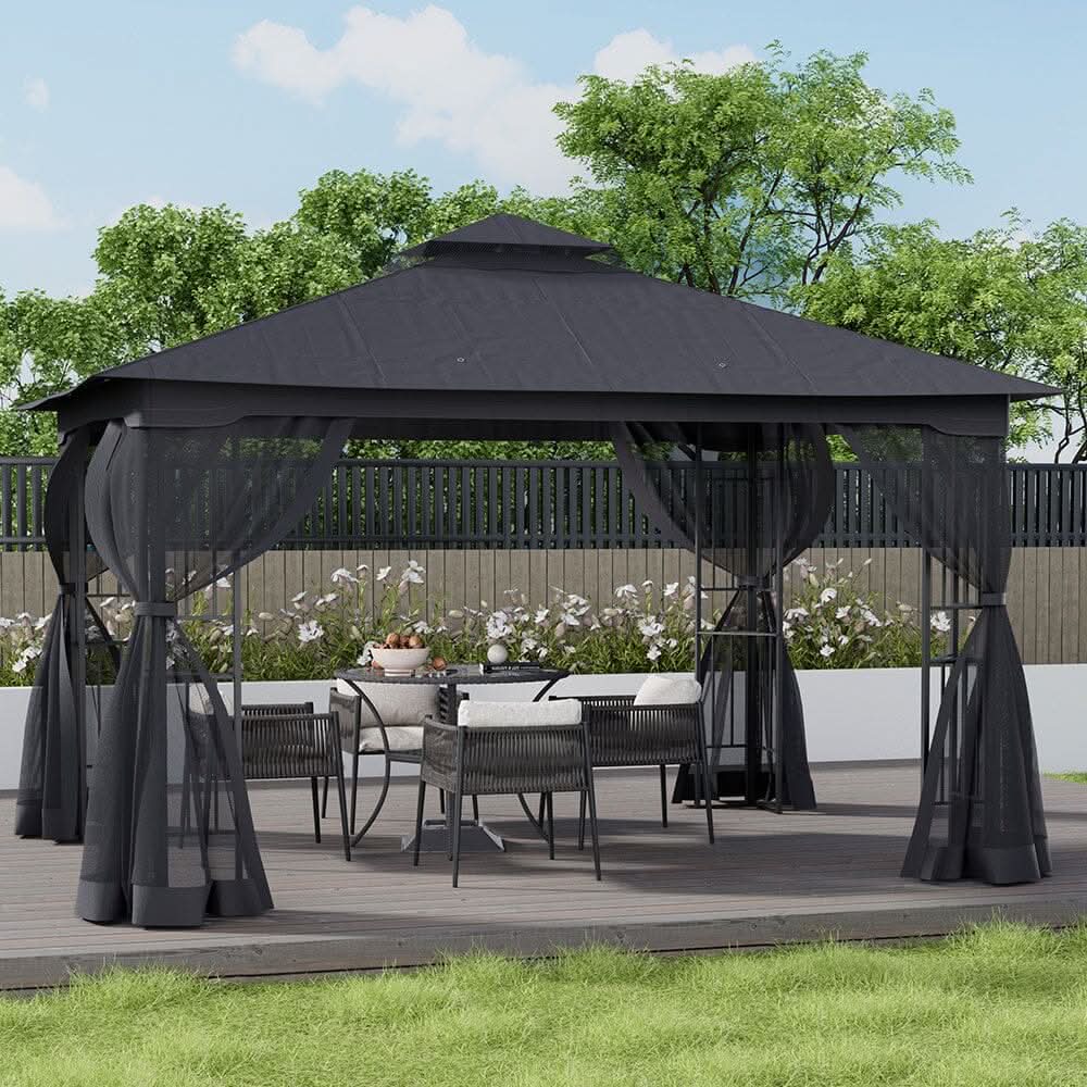 13ft Outdoor Pergola Premium Iron with Sheer Charcoal Gray Screens