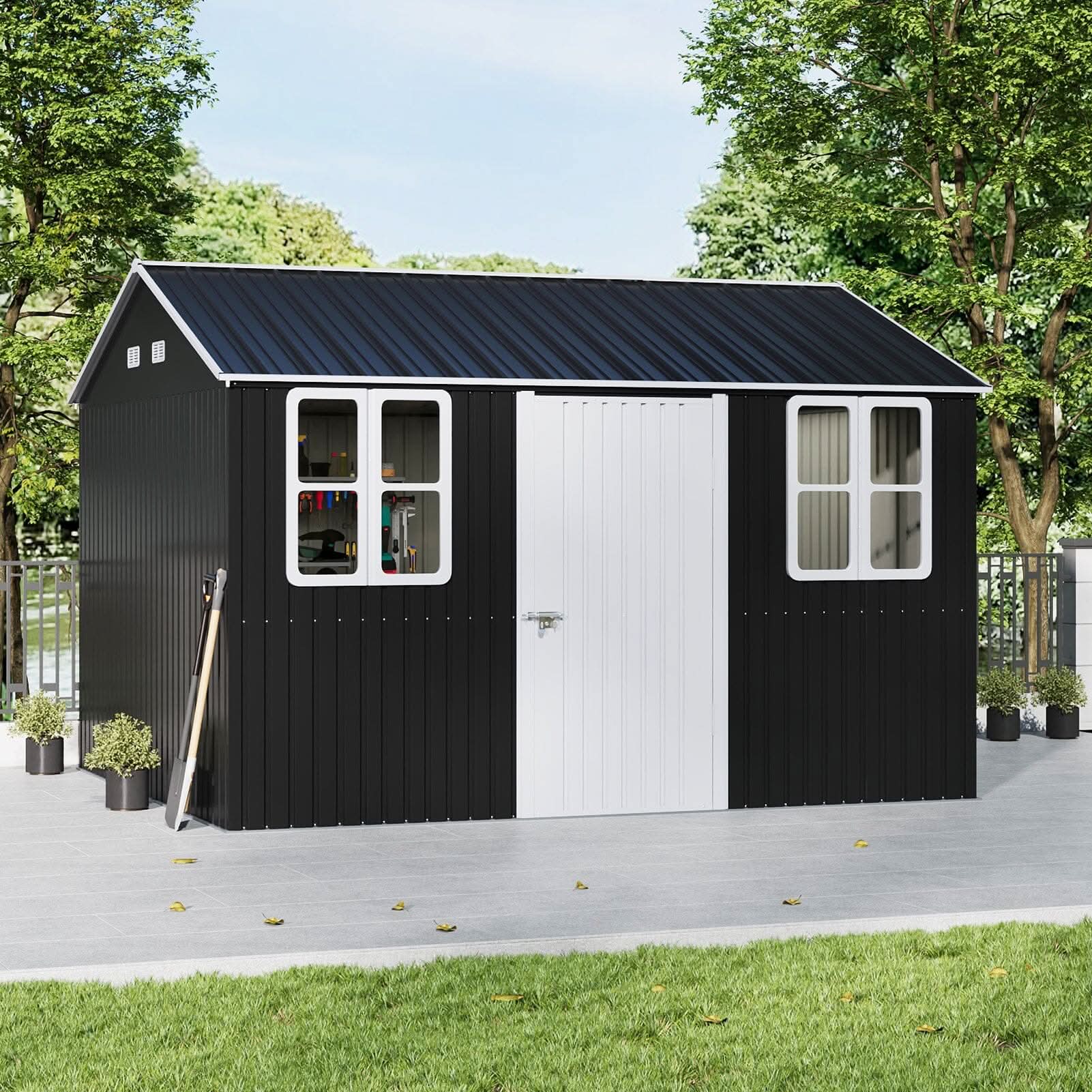 12x10ft / 10x12ft / 10x16ft Charcoal Black Galvanized Steel Storage Shed with Double Lockable Doors & Grid Windows