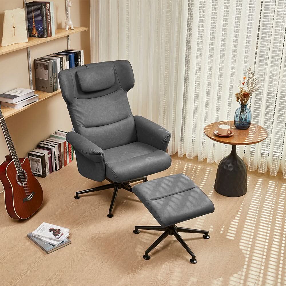 Black/Grey/Brown Faux Leather Swivel?Armchair with Footstool