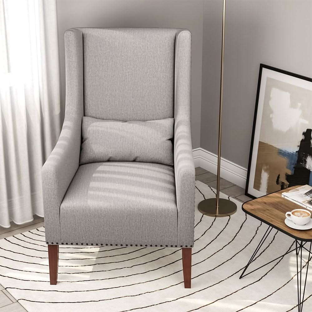 Grey Burlap High Back Studded Armchair with Cushion