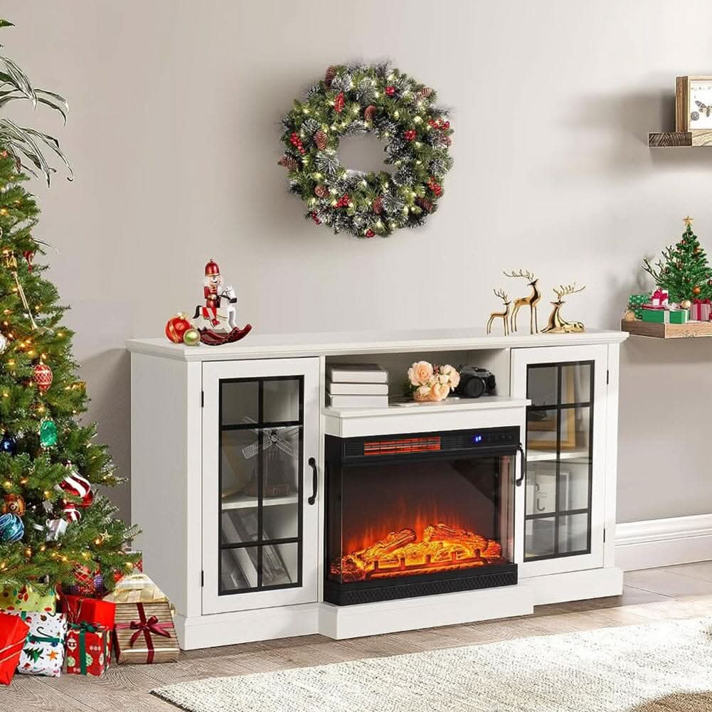 Smallbee Panoramic Glass Fireplace TV Stand with Storage Cabinets, Customizable Flames & Remote Control