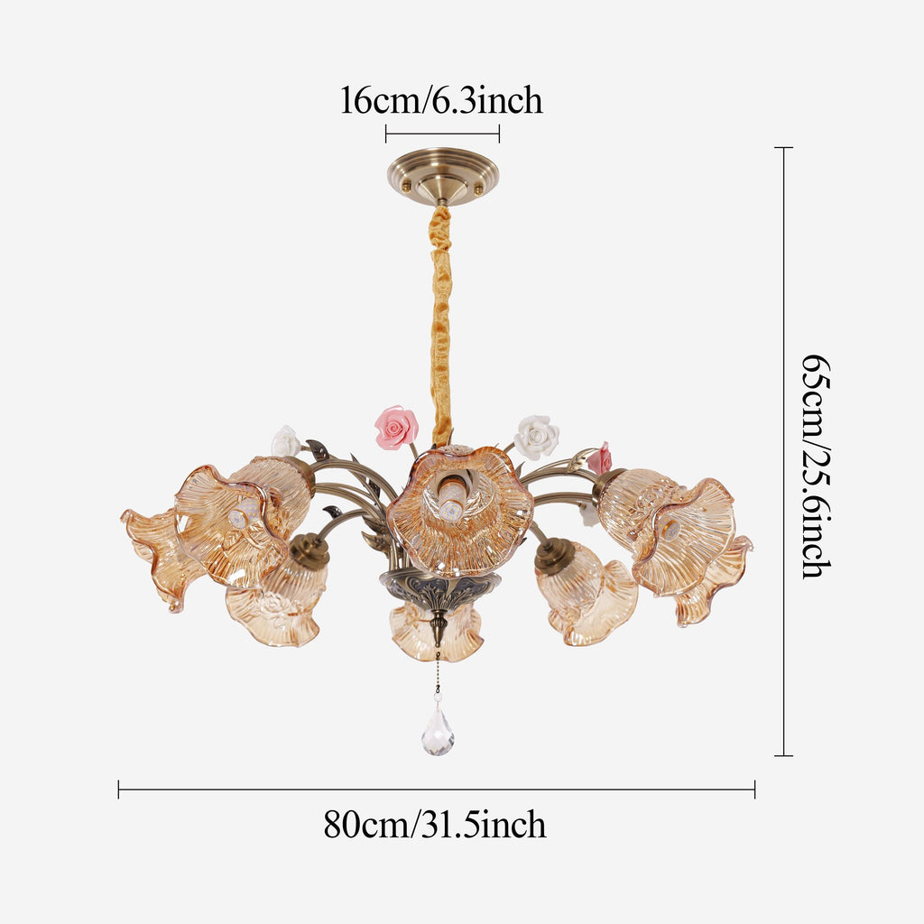Antique Bronze and Amber Vintage 8-Light Ceramic Flower Pendant Light