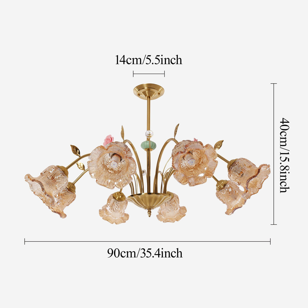 8-Light Gold Vintage Pink Floral Glass Chandelier | E27 Ceiling Lamp