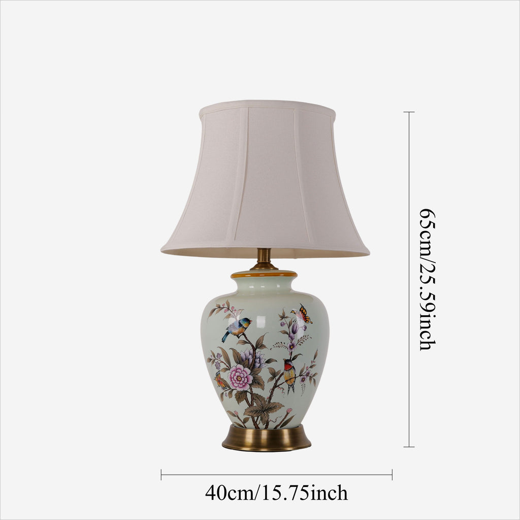 Lightsin Vintage Ceramic Bird-Pattern Table Lamp with Fabric Shade