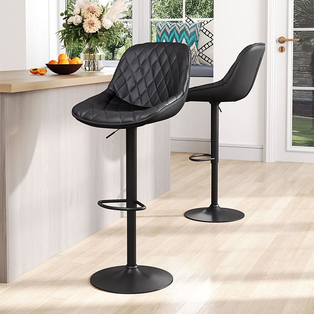 Set of 2 Faux Leather Height Adjustable Bar Stool Black