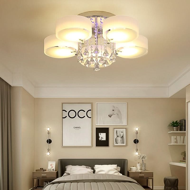 Ceiling Light Semi-Flush Mount, Cylindrical Acrylic Lampshades, Crystal Drops