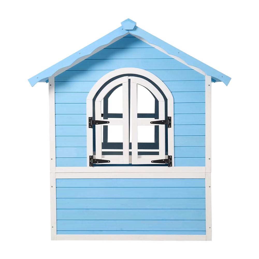 Blue Wooden Playhouse for Kids with Doors & Windows – Polished Fir Wood, Easy Assembly