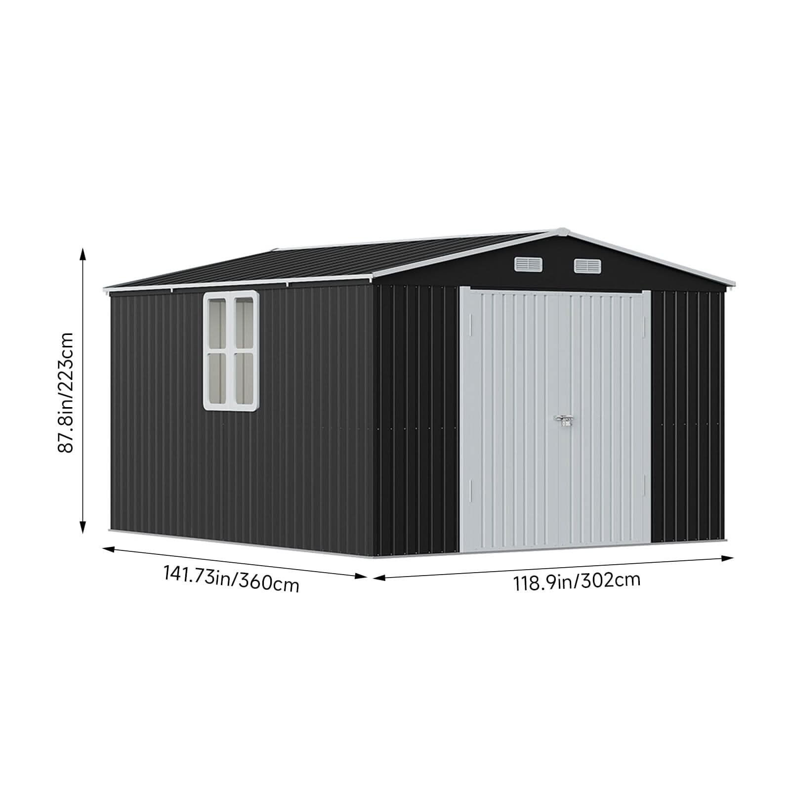 12x10ft / 10x12ft / 10x16ft Charcoal Black Galvanized Steel Storage Shed with Double Lockable Doors & Grid Windows