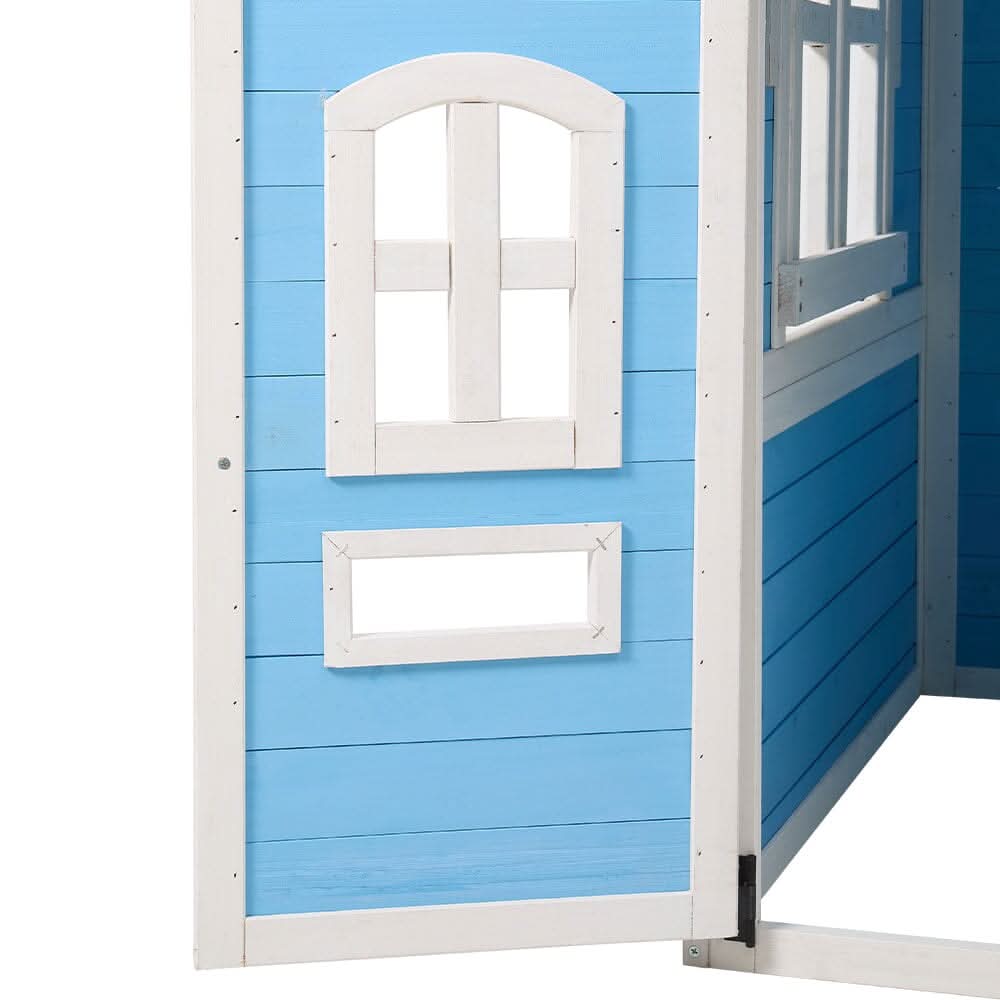 Blue Wooden Playhouse for Kids with Doors & Windows – Polished Fir Wood, Easy Assembly