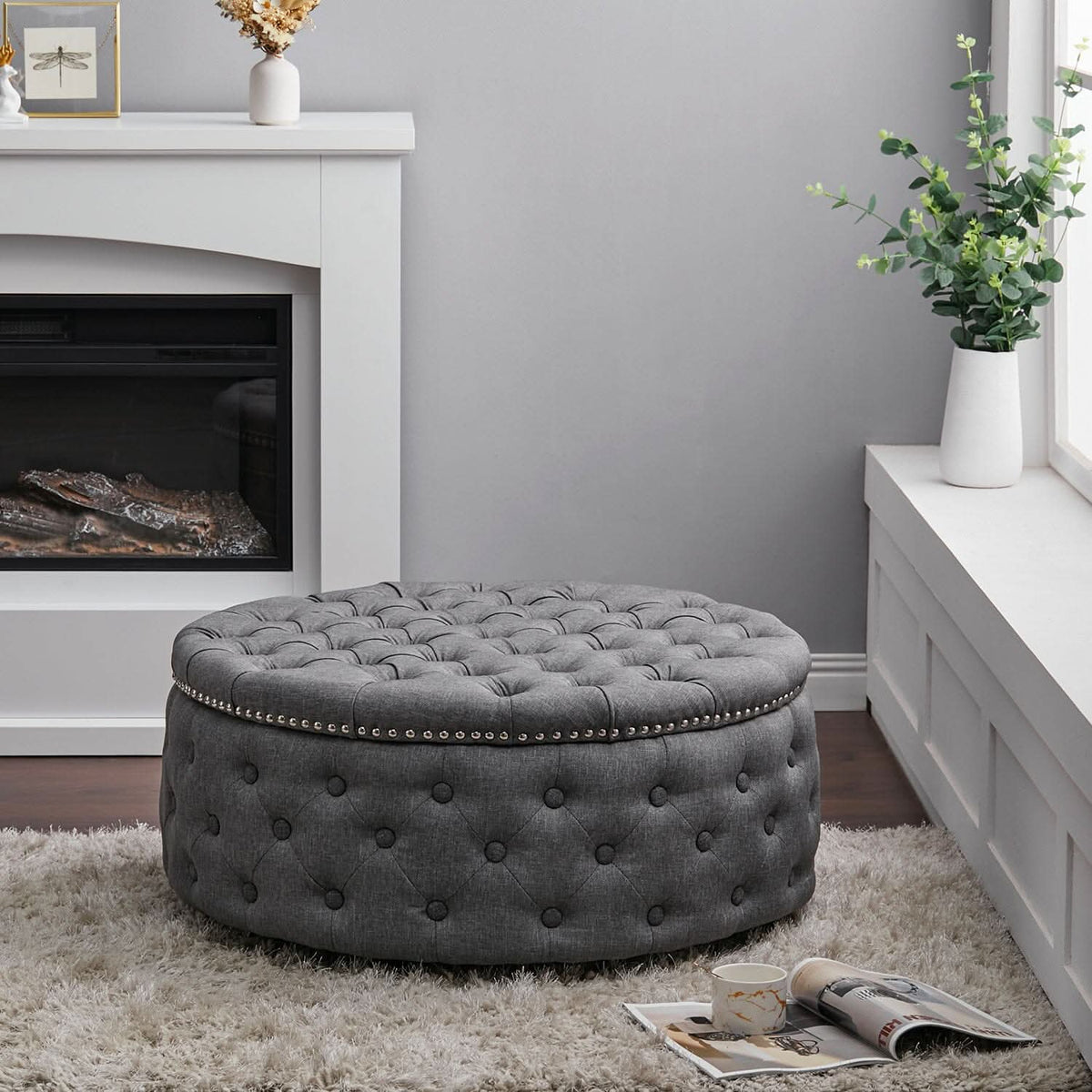 Dia 75cm Linen Tufted Round Cocktail Ottoman with Solid Wood