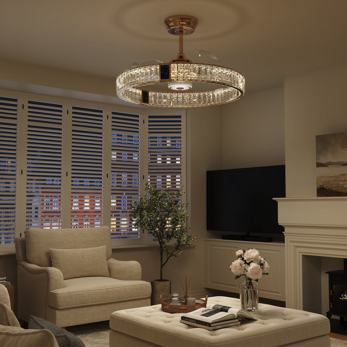 Lightsin 60cm Gold Crystal Ceiling Fan with LED Light, Remote Control & 6 Speeds