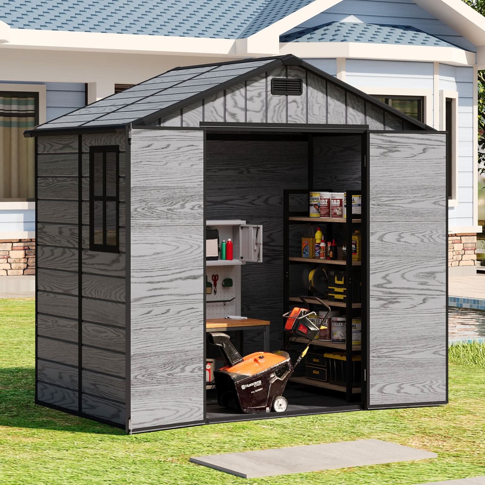 8x4/6x6ft PP Outdoor Apex/Flat Roof Garden Storage Shed with Window and Vent
