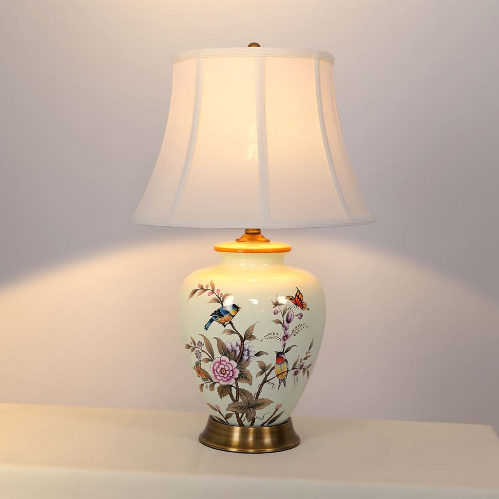 Lightsin Hand-Painted Vintage Ceramic Bird & Floral Table Lamp in Soft Celadon Green