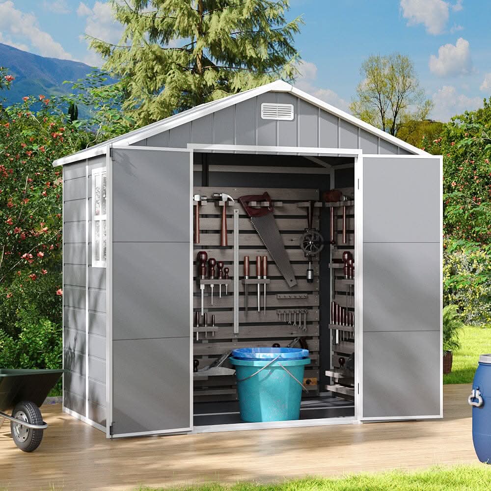 8x4/6x6ft PP Outdoor Apex/Flat Roof Garden Storage Shed with Window and Vent