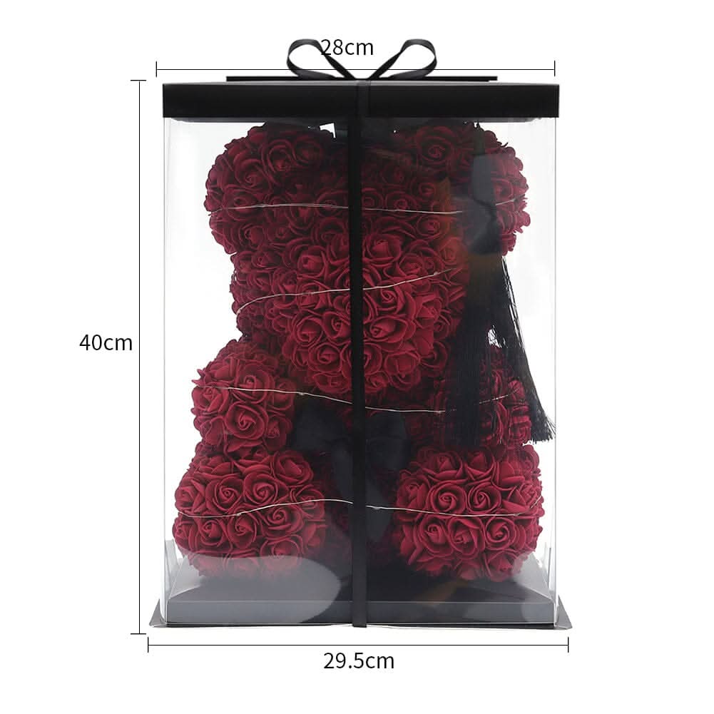 Simulation Foam Forever Rose Teddy Bear Gift Box-Black Tassel Black Hat-Wine Red